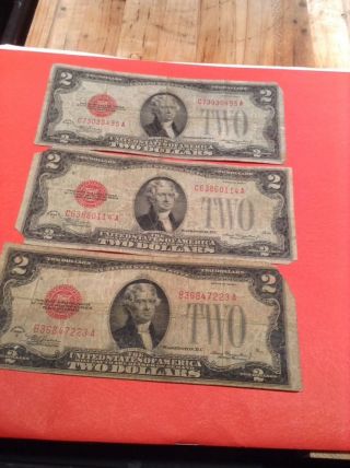 3 1928 Red Seal 2$ Bills.  Circulated.  Check Pics photo