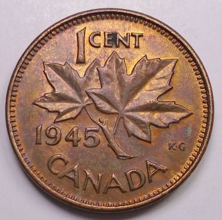 1945 Small Cent Unc Ms Rb & Lustrous Scarce Date Wwii Canada Penny photo