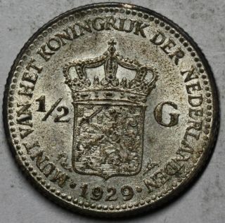 1929 Netherlands Silver 1/2 Gulden Queen Wilhelmina Coin photo