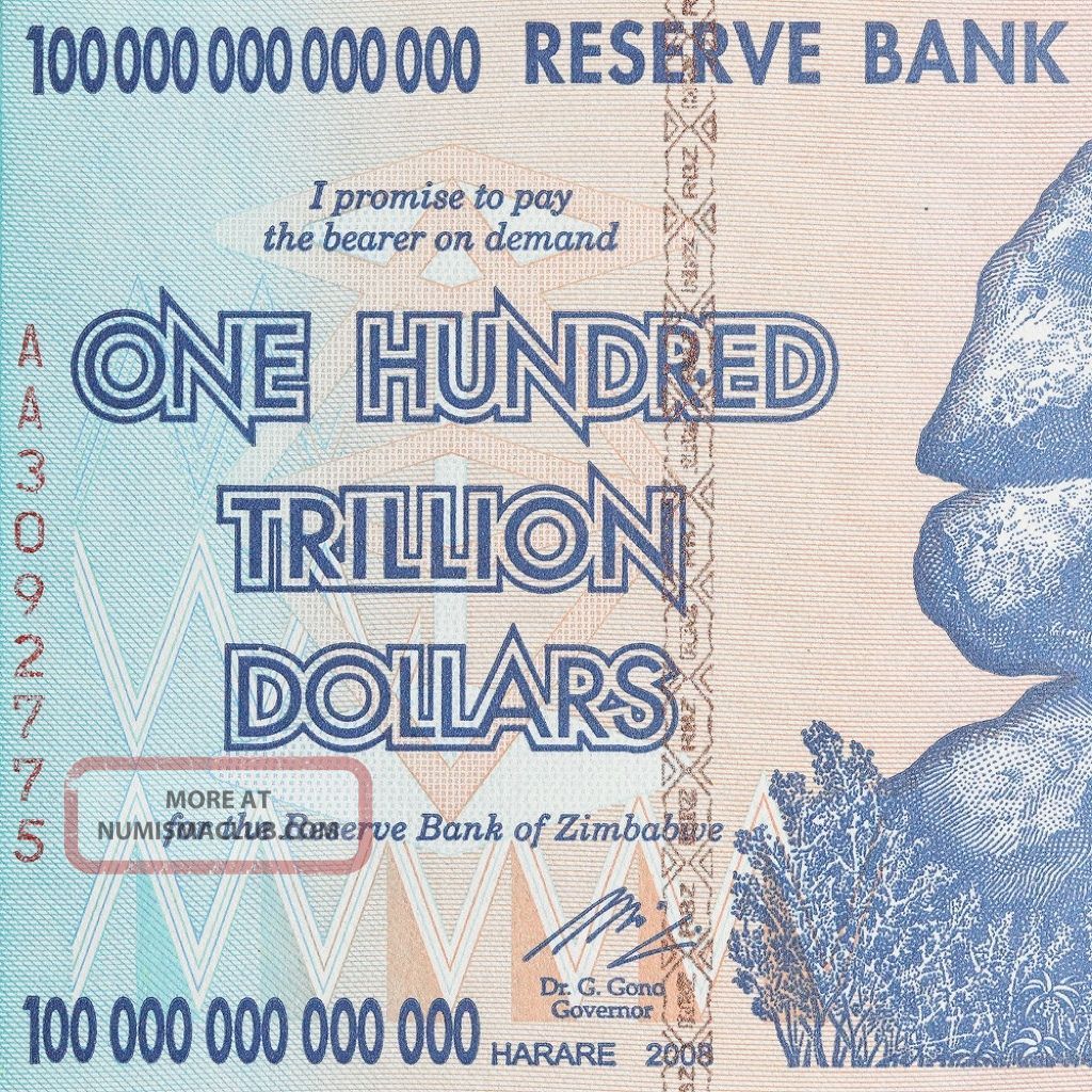 5 X 100 Trillion Dollar Zimbabwe Currency 2008 Aa Series Inflation Note Bills Africa photo