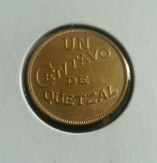 Guatemala 1939 1 Centavo De Quetzal Bronze Coin.  Moneda De Bronce photo