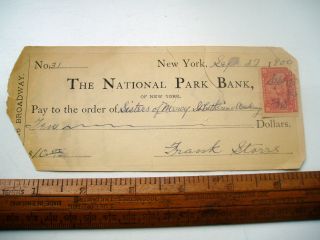 National Park Bank Cheque York 1900 photo