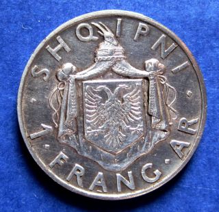 1937 Albania Coin 1 Frank Ar Silver 5 Gr Km 16 - Ahmed Bey Zogu - King Zog photo