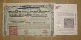 1922 Chinese Gov ' T Loan - China Railway Equipment Bond W/coupons With 