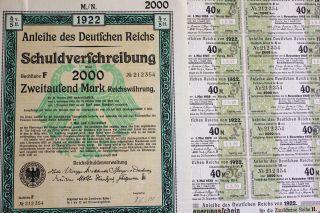 German 2000 Mark Govt Treasury Bond,  Coupons 1922 - Hyper - Inflation Period photo