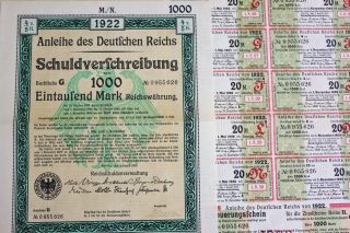 German 1000 Mark Govt Treasury Bond,  Coupons 1922 - Hyper - Inflation Period photo
