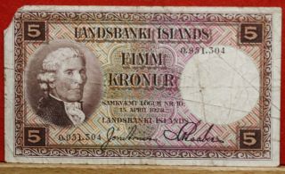 Circulated 1928 Iceland 5 Kronur Note S/h photo