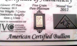 Acb 5grain Platinum Bullion Minted Bar 99.  9 Pure Pt W/ Certificate photo