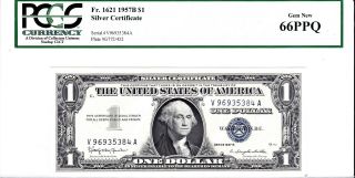 1957 B $1 Dollar Bill Silver Certificate Blue Seal Note Currency Pcg 66 Gem photo