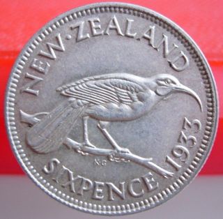 1933 Zealand Sixpence Silver Coin photo