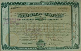 S791 Norfolk & Western Railroad Company 1887 Stock Certificate Green photo