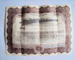 1920 Mason Tire And Rubber Company Stock Certificate - 3 Shares Preferred photo
