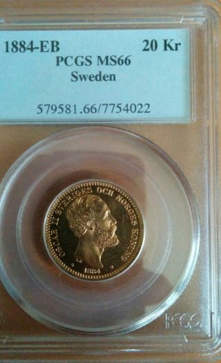 Sweden 1884 Eb Gold 20 Kronor Pcgs Ms - 66 photo