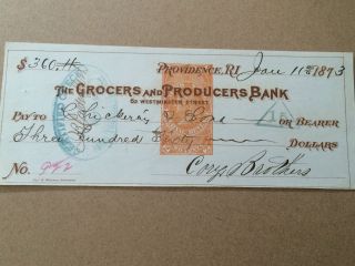 1873 $360 Cheque With Stamp Grocers & Producers Bank Usa photo
