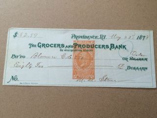 1873 $82.  59 Cheque With Stamp Grocers & Producers Bank Usa photo