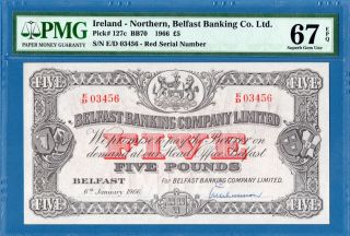Northern Ireland,  Belfast Banking,  5 Pounds 1966,  Gem Unc - Pmg67epq,  P127c photo