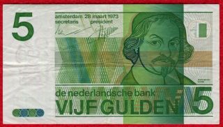 1973 Netherlands 5 Gulden Note 95a Vf - Xf photo