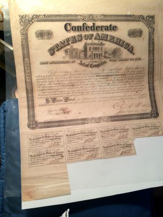 1863 Confederate $500 Bond Civil War Csa Hand - Signed Old Vintage Coupons Antique photo