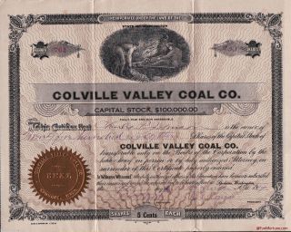 Colville Valley Coal Company Capital Stock Certificate Dated 1919 Shares 761 photo