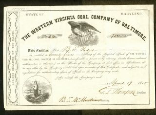 1858 Western Virginia Coal Company Of Baltimore Stock Certificate photo