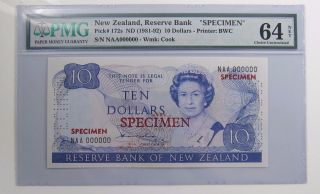 Ten (10) Dollars Banknote Specimen Zealand 1981 - 92 Pmg Cu 64 photo