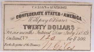 Civil War Confederate $500 Bond C.  S.  Loan 1861 $20 Coupon Richmond Va 120 photo