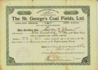 1919 St.  George ' S Coal Fields,  Ltd. ,  Newfoundland Stock Certificate photo