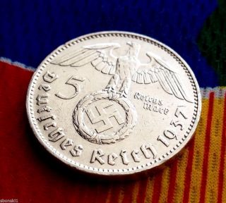 5 Mark German Silver Coin Ww2 1937 J Third Reich Swastika Reichsmark photo