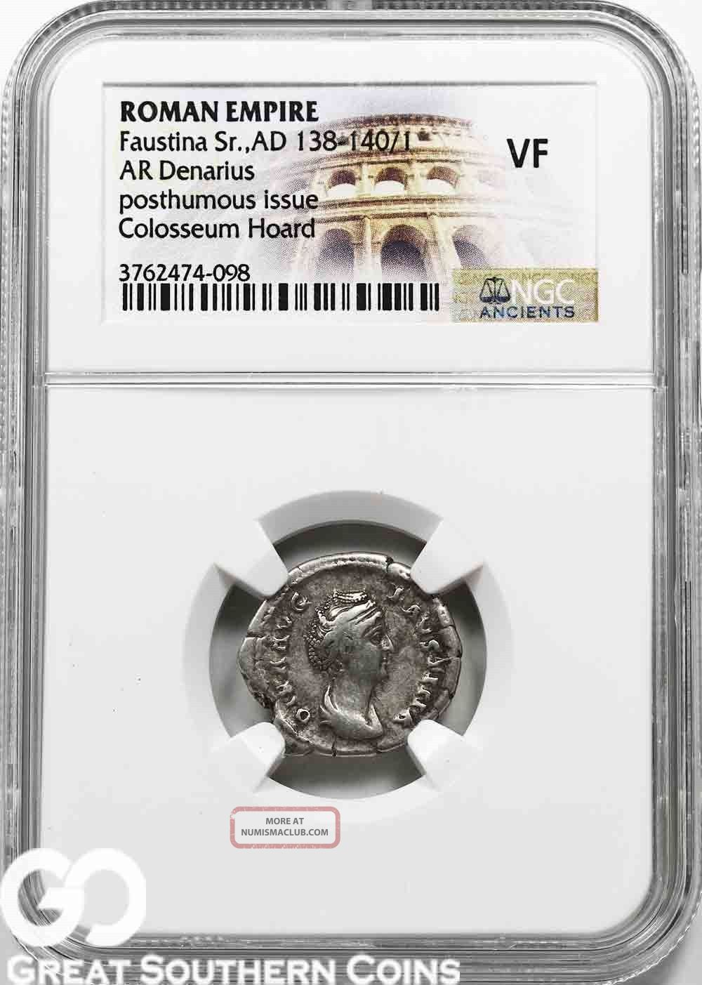 Roman Empire Ar Denarius,  Ad 138 - 140,  Faustina Sr. ,  Colosseum Hoard,  Ngc Vf Coins: Ancient photo
