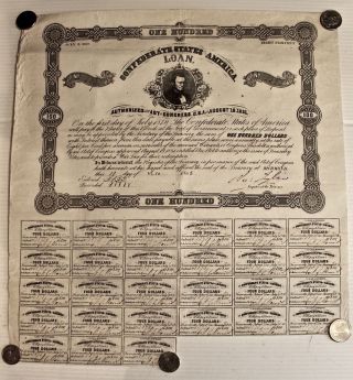Historical Confederate 100 Dollar War Bond Issued December 10 1862 W/27 Coupons photo