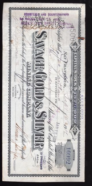 1916 Stock Certificate Savage Gold & Silver San Francisco 1858 - 1959 Existence photo