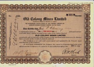 1936 Old Colony Mines Ltd,  Newfoundland Stock Certificate Mining photo