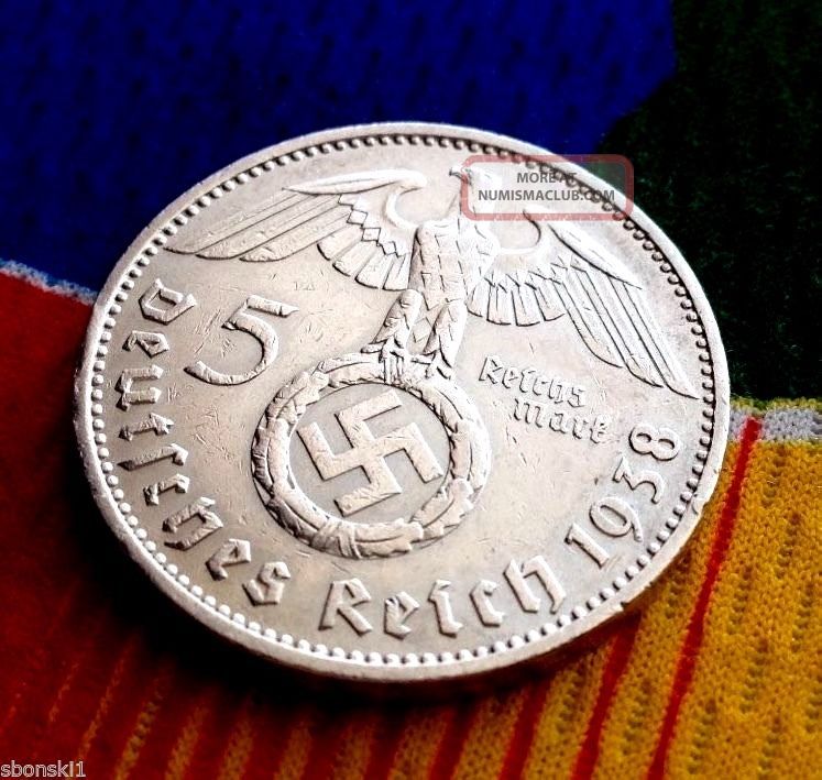 5 Mark German Silver Coin Ww2 1938 A Third Reich Swastika Reichsmark Germany photo