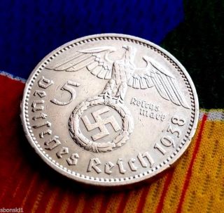 5 Mark German Silver Coin Ww2 1938 A Third Reich Swastika Reichsmark photo