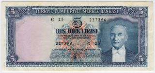 Turkey 1961 Issue 5 Lira Very Crisp Note Au.  Pick 173a. photo