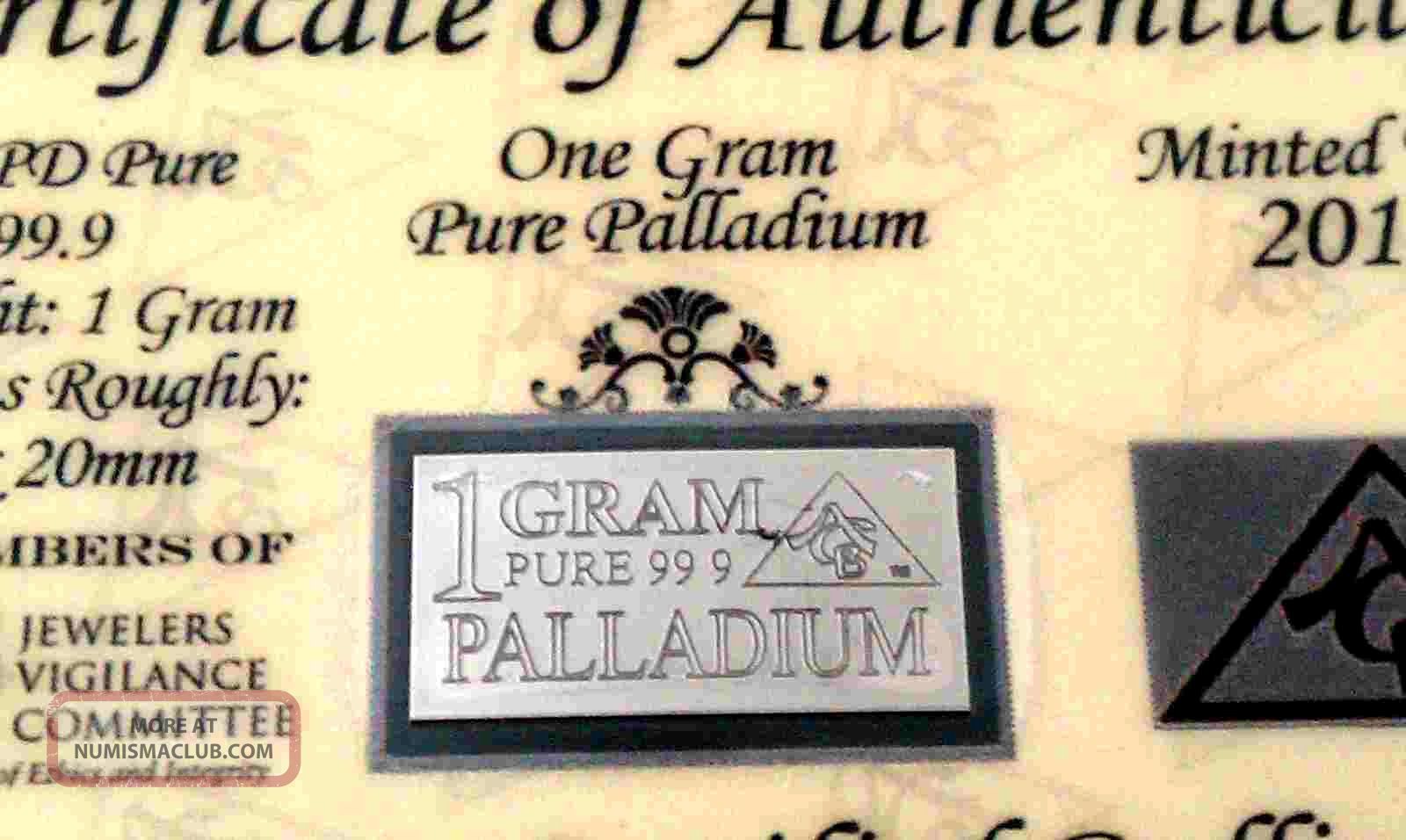 Acb Palladium Pd Precious Metal (1) Gram With /coa 99. 9 Solid Bullion