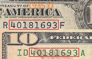 Matching (same/identical Serial) 1935 $1 Silver Certificate & $10 Dollar Bill photo