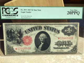 1917 One Dollar Star Legal Tender Note Graded 20 Ppq By Pcgs.  Star photo
