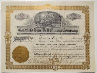 1910 Stock Certificate - Goldfield Blue Bell Mining Co,  Nevada,  Mine Vignette photo