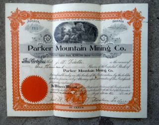 Stock Certificate - - Parker Mountain Mining Co.  - - 1905 - - 1000 Shares photo