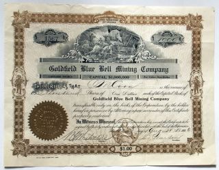 1906 Stock Certificate - Goldfield Blue Bell Mining Co,  Nevada,  Mine Vignette photo