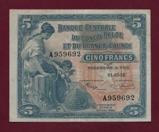 Belgian Congo 5 Francs 1952 P - 21 Vf - Ef Rare (zaire West Africa Equatorial) photo