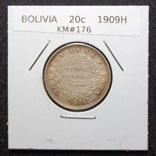 Bolivia - 1909 H - 20 Centavos - 20c - Heaton - Km 176 - Silver.  833 photo
