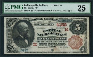 1882 $5 Nbn Indianapolis,  In - Brown Back - Fr.  471 Charter 4158 - Pmg 25 photo