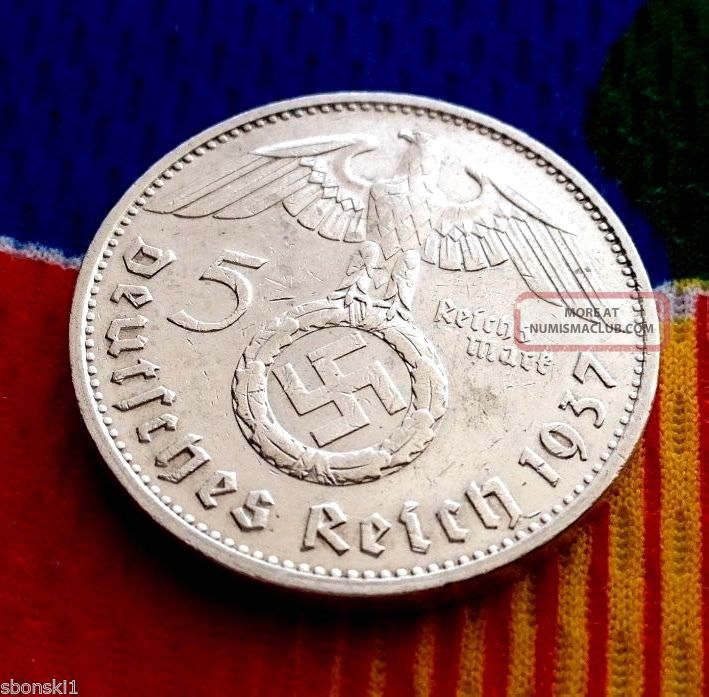 5 Mark German Silver Coin Ww2 1937 G Third Reich Swastika Reichsmark Germany photo