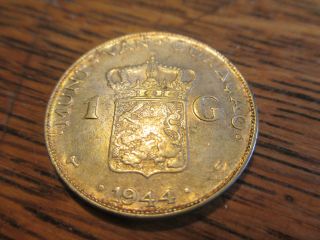 1944 D Curacao One Gulden Silver Coin Ef Gold Toning - photo