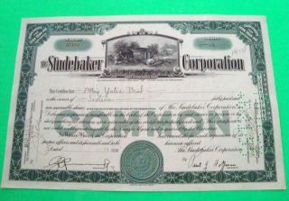 Scarce 1930 ' S Studebaker Corp Stock Certificate Green Studebaker Car Vignette photo