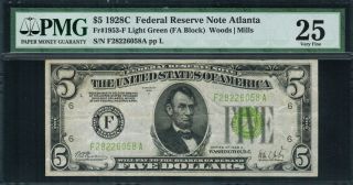 1928c $5 Federal Reserve Note Atlanta - Light Green Seal - Fr - 1953 - F - Pmg 25 photo