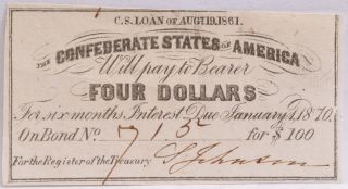 Civil War Confederate $100 Bond C.  S.  Loan 1861 $4 Coupon Richmond Va 715 photo