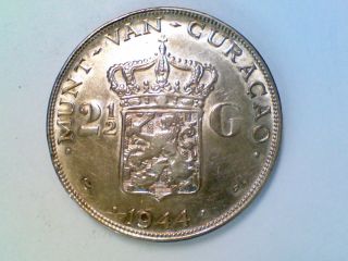 Vintage World Coin 1944 D Curacao 2 1/2 Gulden Silver Ak28 photo